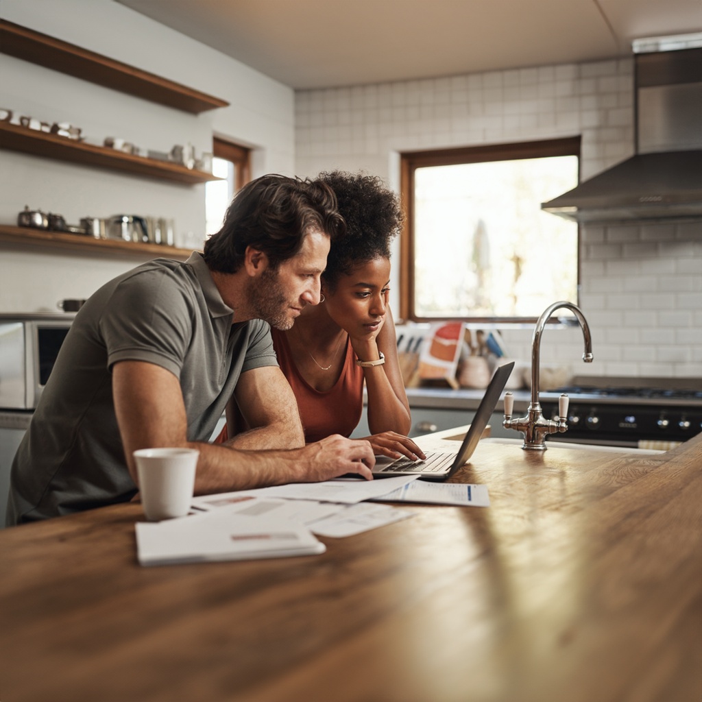 A man and woman at a kitchen table, focused on a laptop while applying for an express loan together.