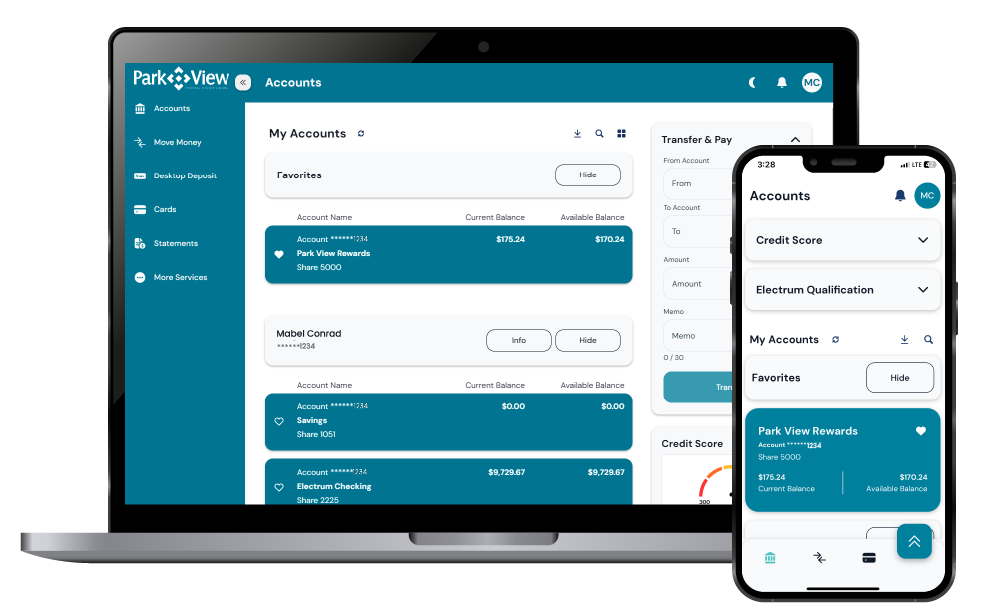 Image of a laptop and iphone with a mockup of Park View Federal Credit Union's Online Banking