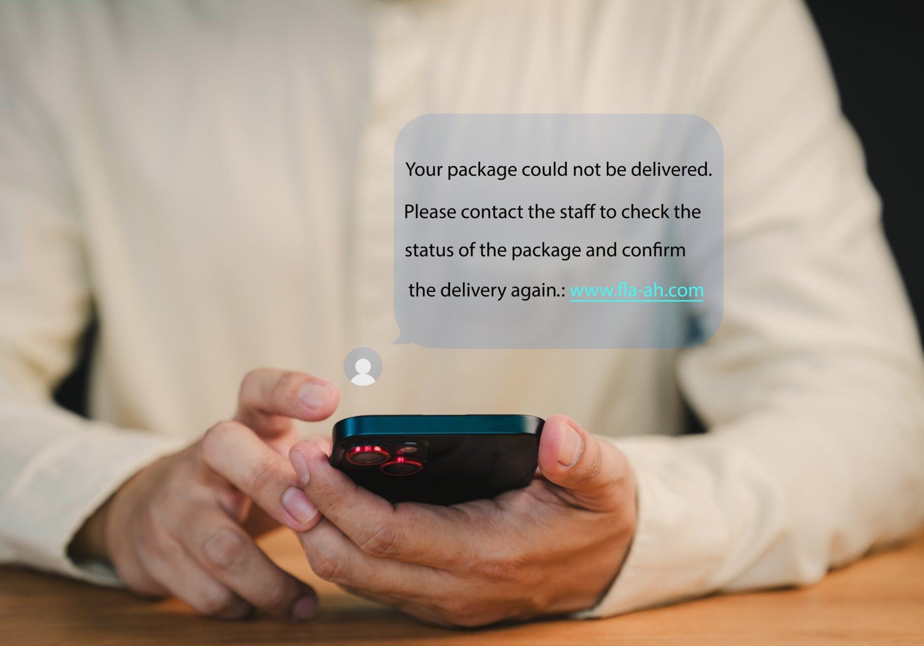 Person holds a smartphone displaying a notification about a failed package delivery. This message user to contact support and confirm delivery. Fake Text message SMS scam or phishing concept