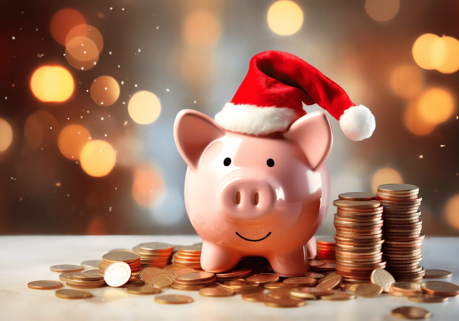 A piggy bank wearing a Santa hat, surrounded by coins, symbolizing a Christmas club savings account.