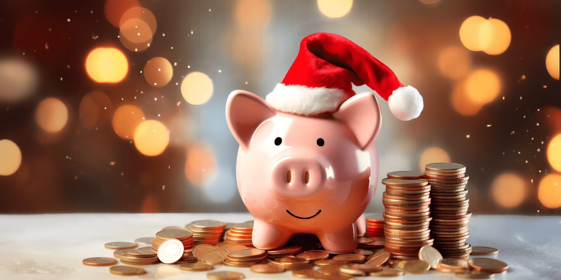 A piggy bank wearing a Santa hat, surrounded by coins, symbolizing a Christmas club savings account.